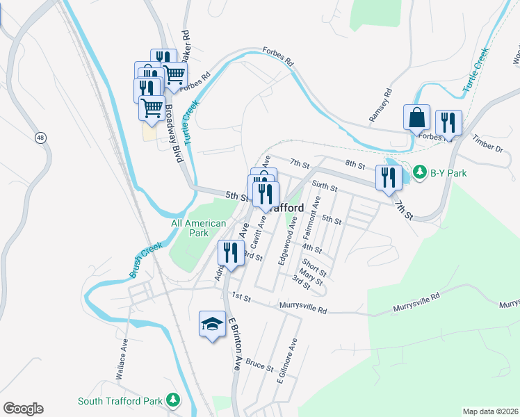 map of restaurants, bars, coffee shops, grocery stores, and more near 420-430 Brinton Avenue in Trafford