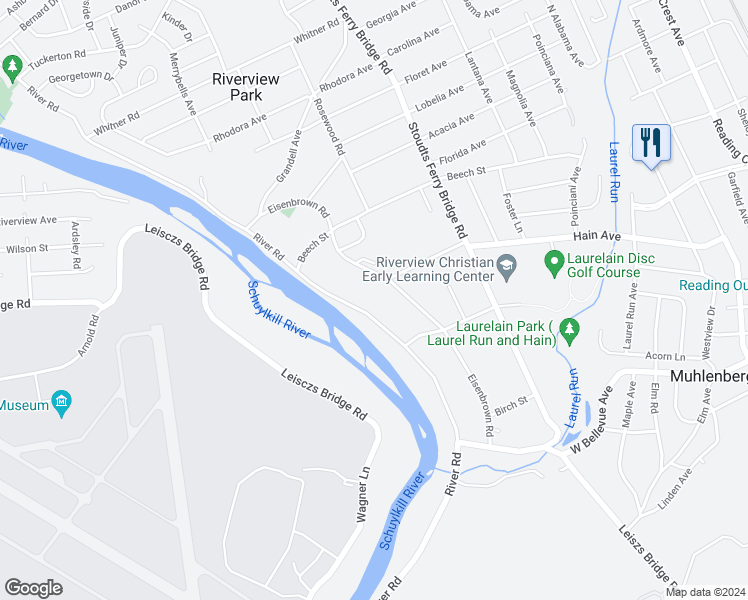 map of restaurants, bars, coffee shops, grocery stores, and more near 3409 River Rd in Reading