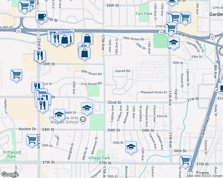 map of restaurants, bars, coffee shops, grocery stores, and more near 3102 17th Avenue in Greeley