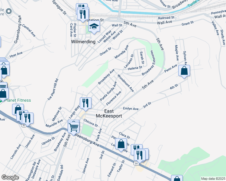map of restaurants, bars, coffee shops, grocery stores, and more near in East McKeesport