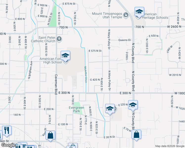 map of restaurants, bars, coffee shops, grocery stores, and more near 839 450 North in American Fork