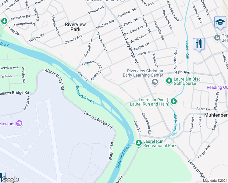 map of restaurants, bars, coffee shops, grocery stores, and more near 3409 River Rd in Reading