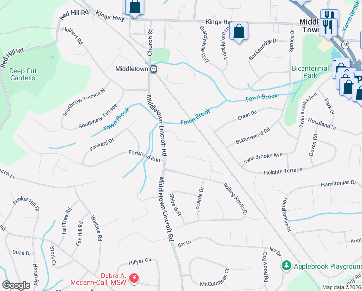 map of restaurants, bars, coffee shops, grocery stores, and more near 9 Castle Drive in Middletown Township