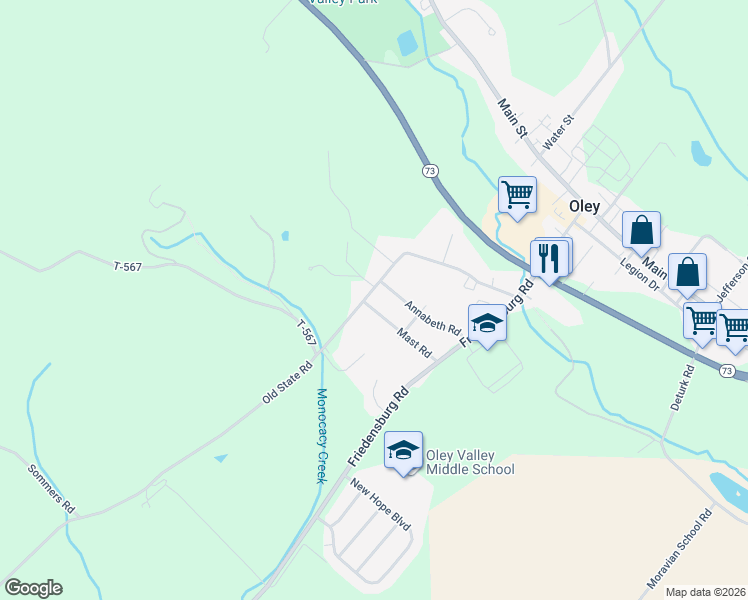 map of restaurants, bars, coffee shops, grocery stores, and more near 597 Old State Road in Oley