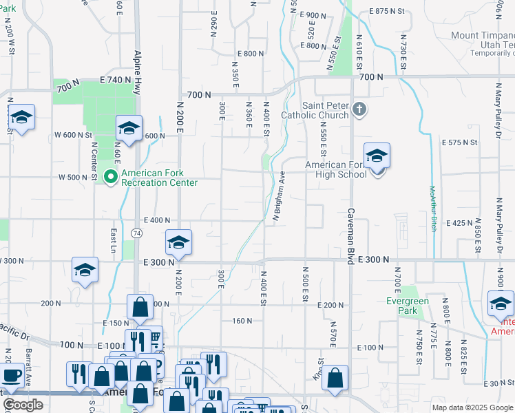 map of restaurants, bars, coffee shops, grocery stores, and more near 396 East 475 North Circle in American Fork