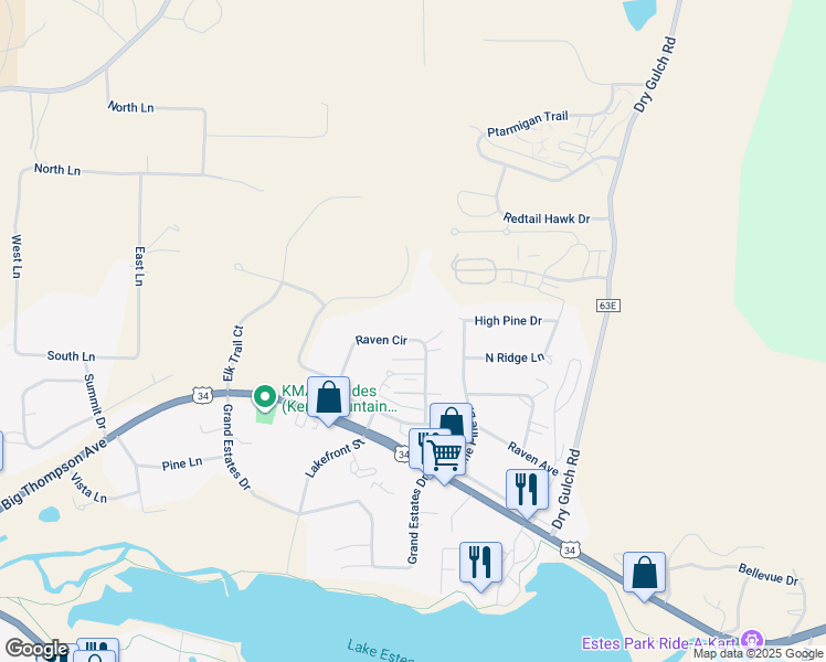 map of restaurants, bars, coffee shops, grocery stores, and more near 1509 Raven Circle in Estes Park