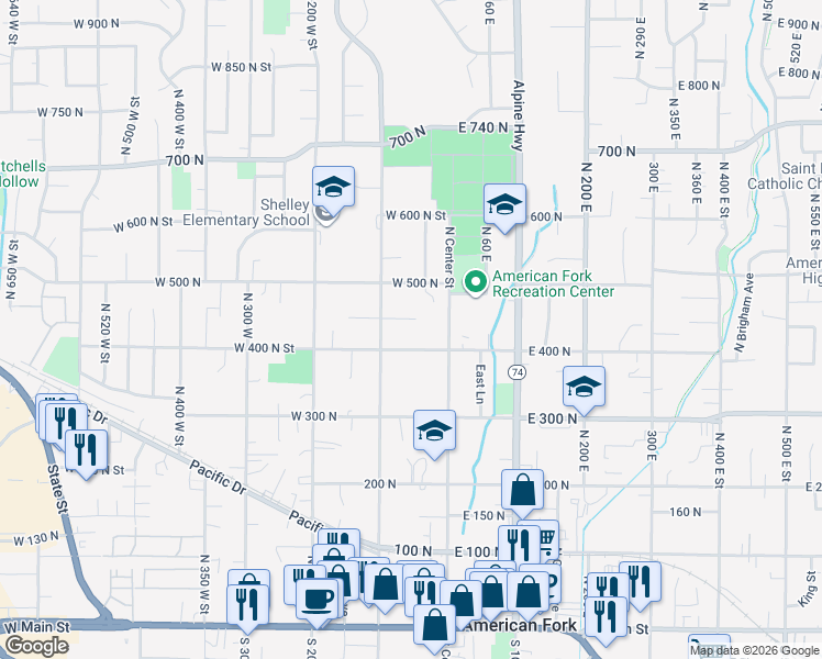 map of restaurants, bars, coffee shops, grocery stores, and more near 41 West 450 North Street in American Fork