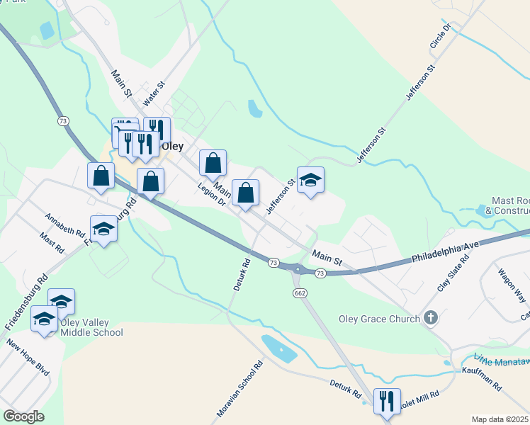 map of restaurants, bars, coffee shops, grocery stores, and more near 511 Main Street in Oley