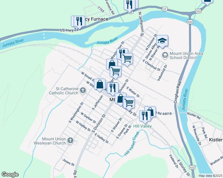 map of restaurants, bars, coffee shops, grocery stores, and more near 19 West Pennsylvania Avenue in Mount Union