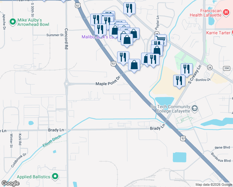 map of restaurants, bars, coffee shops, grocery stores, and more near 3030 Sagamore Parkway South in Lafayette
