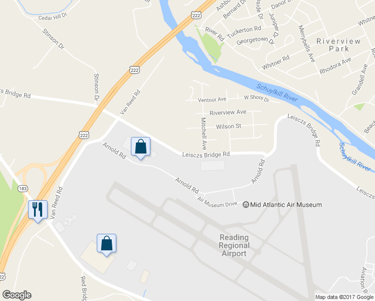 map of restaurants, bars, coffee shops, grocery stores, and more near 2513 Leisczs Bridge Road in Reading