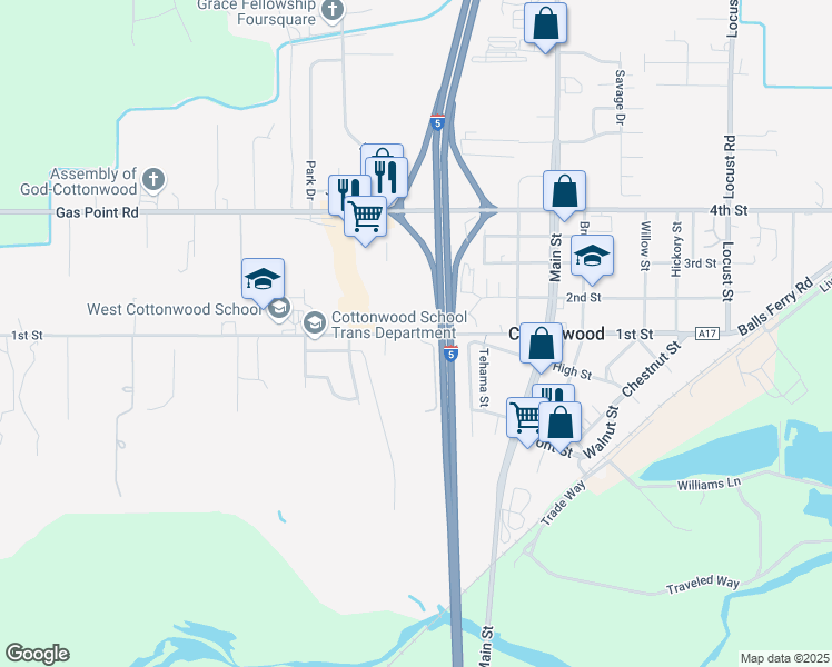 map of restaurants, bars, coffee shops, grocery stores, and more near 20512 1st Street in Cottonwood