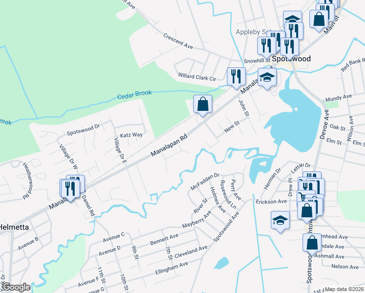 map of restaurants, bars, coffee shops, grocery stores, and more near 5 Bruning Lane in Spotswood