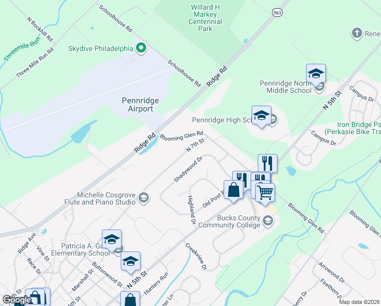 map of restaurants, bars, coffee shops, grocery stores, and more near 1117 North 7th Street in Perkasie