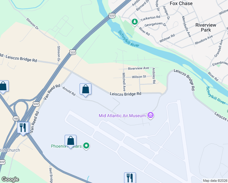 map of restaurants, bars, coffee shops, grocery stores, and more near 2513 Leisczs Bridge Road in Reading