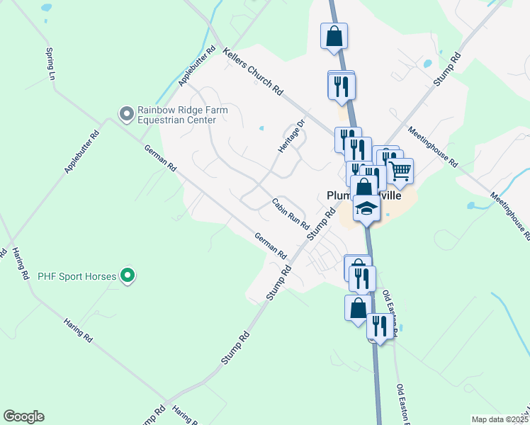 map of restaurants, bars, coffee shops, grocery stores, and more near 4902 Buckboard Lane in Plumsteadville