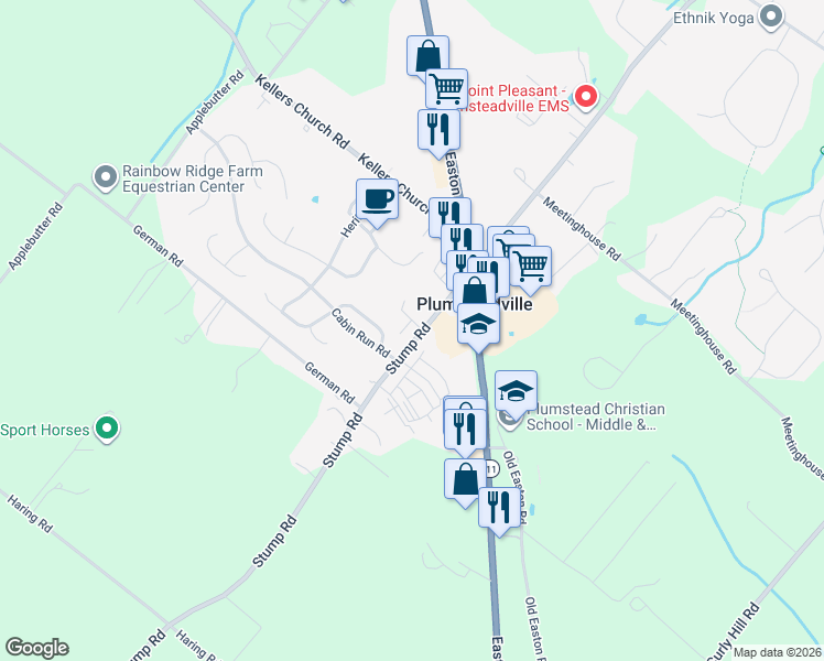 map of restaurants, bars, coffee shops, grocery stores, and more near 4926 Stump Road in Doylestown