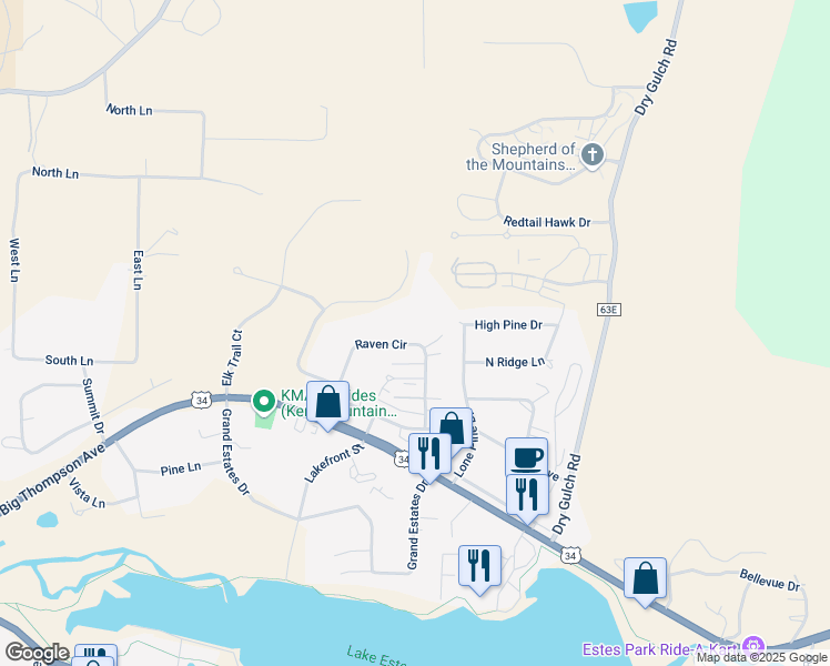 map of restaurants, bars, coffee shops, grocery stores, and more near 1509 Raven Circle in Estes Park