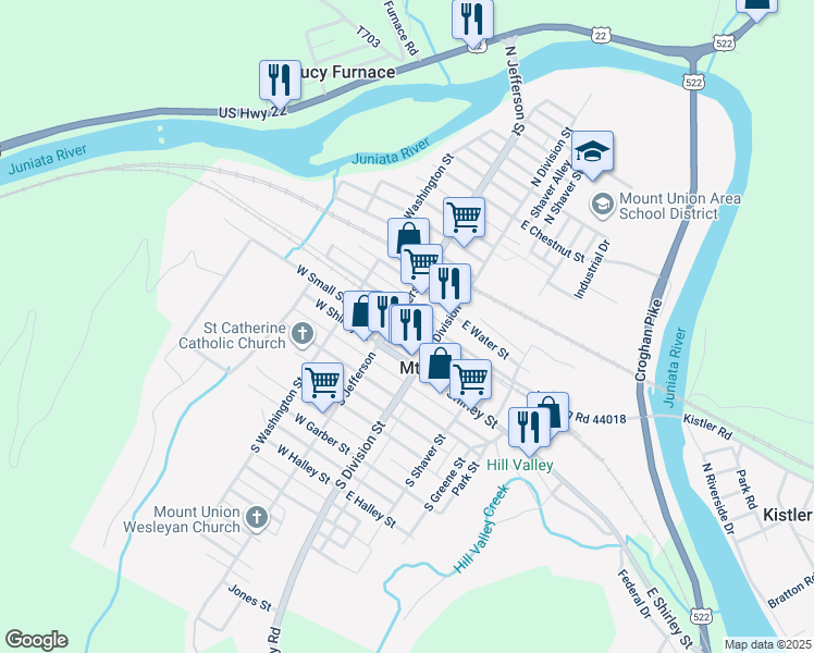 map of restaurants, bars, coffee shops, grocery stores, and more near 19 West Pennsylvania Avenue in Mount Union
