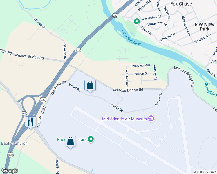 map of restaurants, bars, coffee shops, grocery stores, and more near Leisczs Bridge Road in Reading