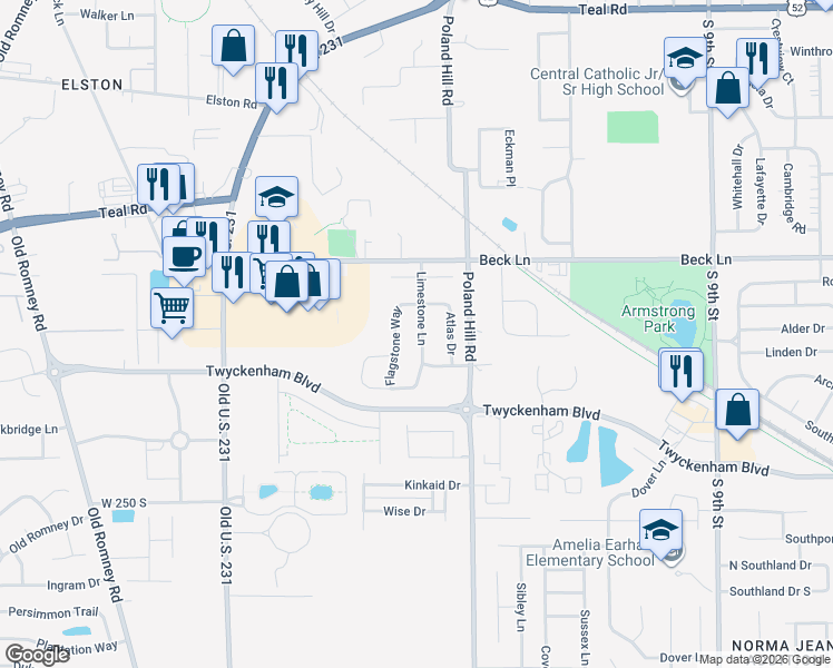 map of restaurants, bars, coffee shops, grocery stores, and more near 2813 Limestone Lane in Lafayette