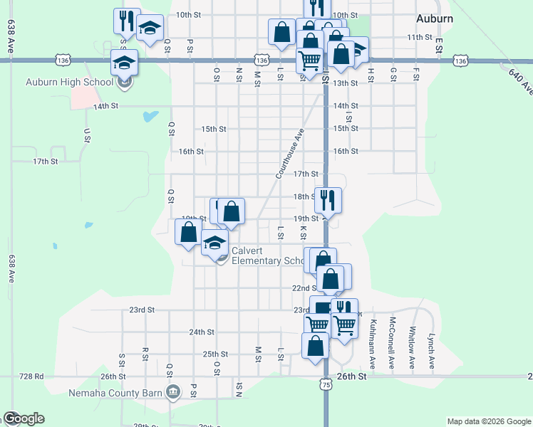 map of restaurants, bars, coffee shops, grocery stores, and more near 1813 Courthouse Avenue in Auburn