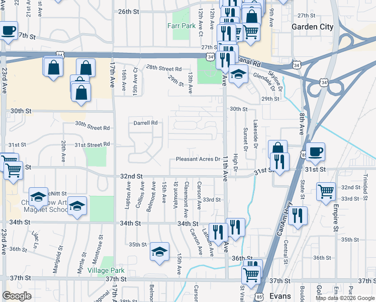 map of restaurants, bars, coffee shops, grocery stores, and more near 1315 Darrell Road in Evans
