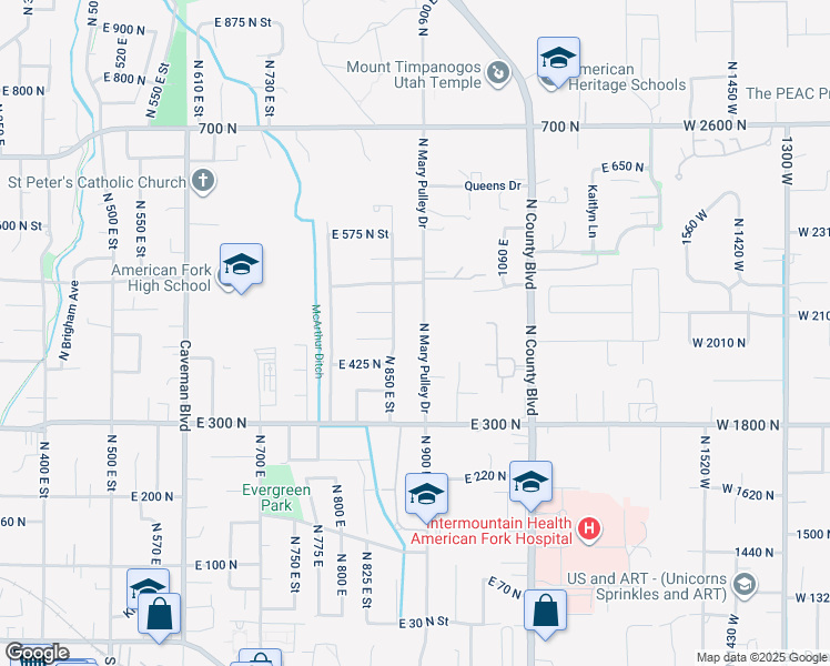 map of restaurants, bars, coffee shops, grocery stores, and more near 470 North 850 East Street in American Fork