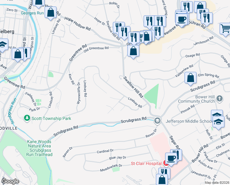 map of restaurants, bars, coffee shops, grocery stores, and more near 1021 Lindsay Road in Carnegie