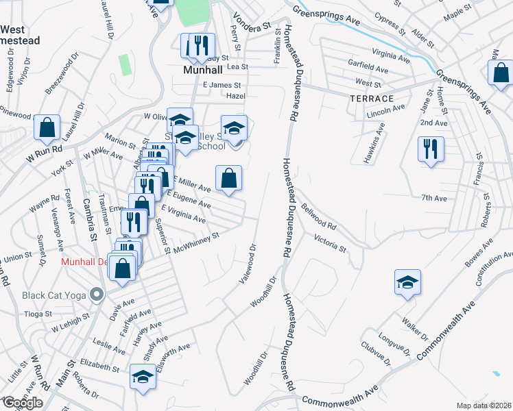 map of restaurants, bars, coffee shops, grocery stores, and more near 3309 Valewood Drive in Munhall