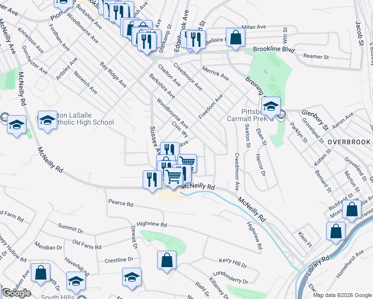 map of restaurants, bars, coffee shops, grocery stores, and more near 2727 Cedric Avenue in Pittsburgh