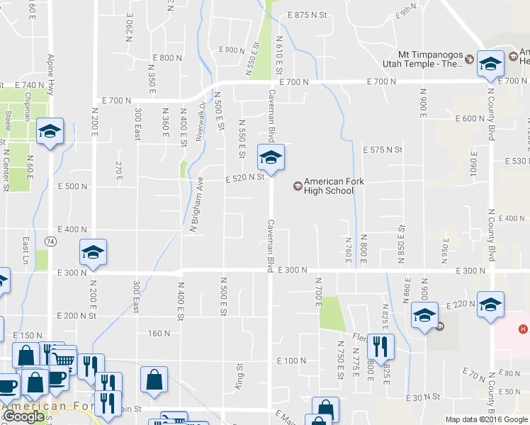 map of restaurants, bars, coffee shops, grocery stores, and more near 443 Caveman Boulevard in American Fork