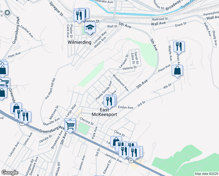 map of restaurants, bars, coffee shops, grocery stores, and more near 753 Punta Gorda Avenue in East McKeesport