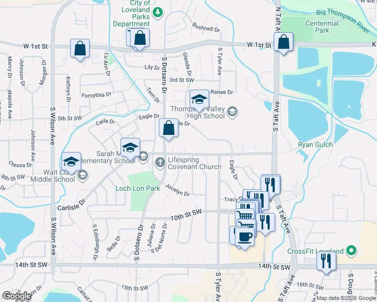 map of restaurants, bars, coffee shops, grocery stores, and more near 653 Melanie Court in Loveland