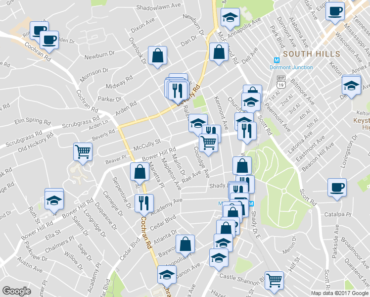 map of restaurants, bars, coffee shops, grocery stores, and more near 329 Bower Hill Road in Pittsburgh