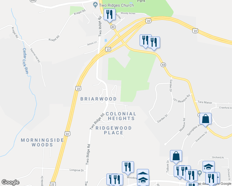 map of restaurants, bars, coffee shops, grocery stores, and more near 33 North Byron Drive in Steubenville