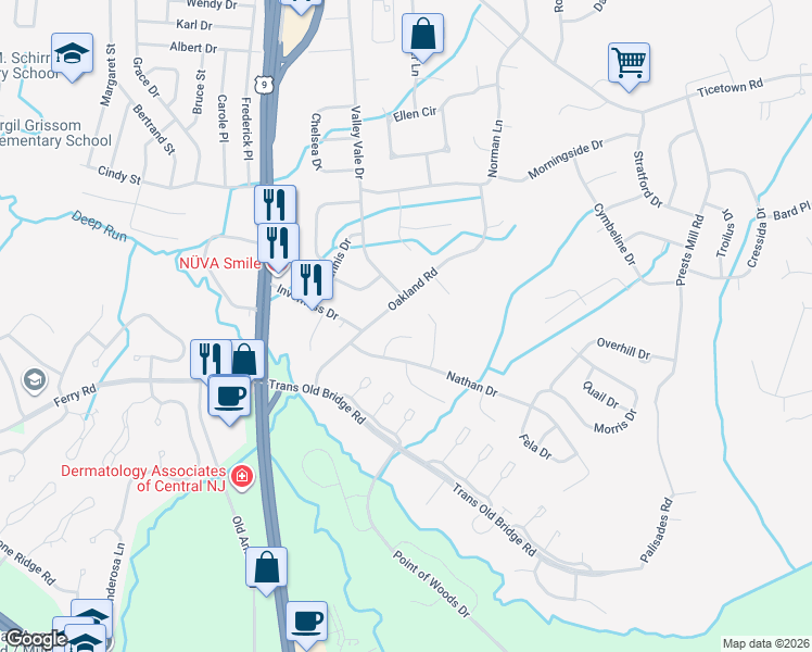 map of restaurants, bars, coffee shops, grocery stores, and more near 11 Cardinal Court in Old Bridge