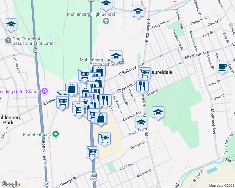 map of restaurants, bars, coffee shops, grocery stores, and more near 618 Elizabeth Ave in Laureldale