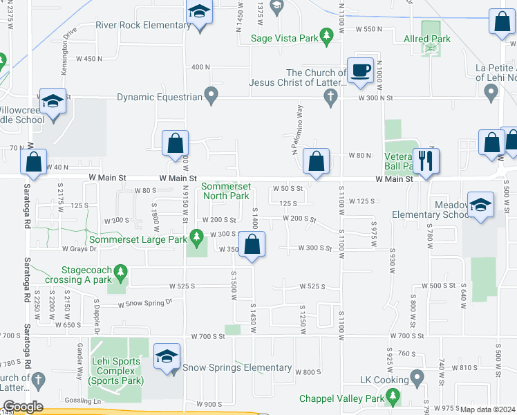 map of restaurants, bars, coffee shops, grocery stores, and more near 153 South 1400 West Street in Lehi