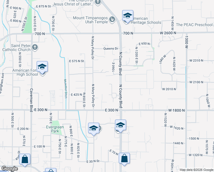 map of restaurants, bars, coffee shops, grocery stores, and more near 1024 East 450 North Circle in American Fork