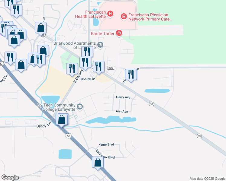 map of restaurants, bars, coffee shops, grocery stores, and more near 3977 State Route 38 in Lafayette