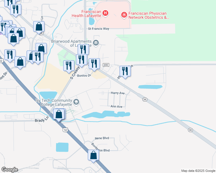 map of restaurants, bars, coffee shops, grocery stores, and more near 3977 State Route 38 in Lafayette