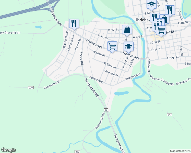 map of restaurants, bars, coffee shops, grocery stores, and more near 799 Holiday Avenue in Uhrichsville