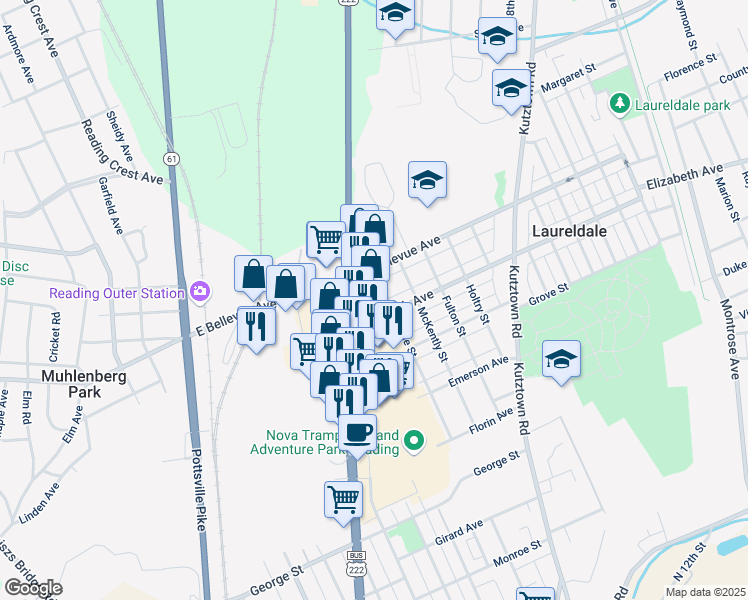 map of restaurants, bars, coffee shops, grocery stores, and more near 3411 North 5th Street Highway in Reading