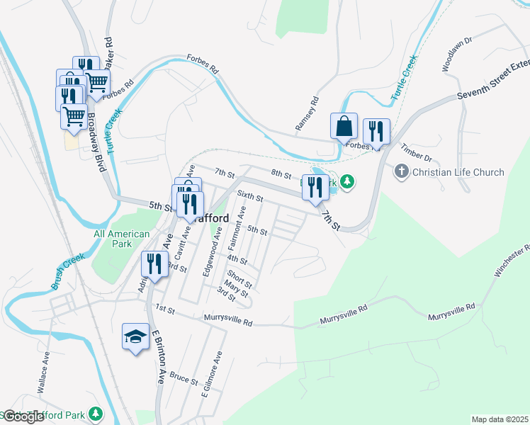 map of restaurants, bars, coffee shops, grocery stores, and more near 525 Homewood Avenue in Trafford