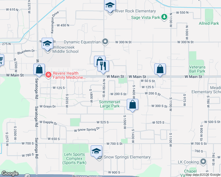 map of restaurants, bars, coffee shops, grocery stores, and more near 121 South 1675 West Street in Lehi