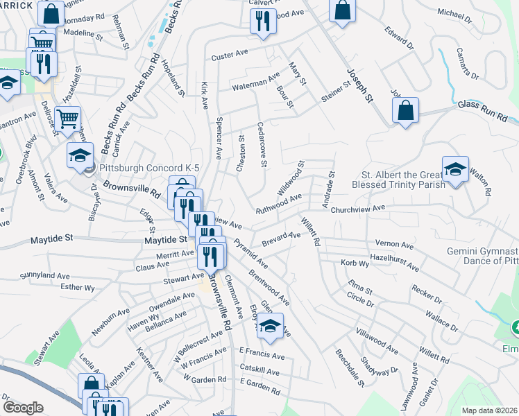 map of restaurants, bars, coffee shops, grocery stores, and more near 415 Ruthwood Avenue in Pittsburgh