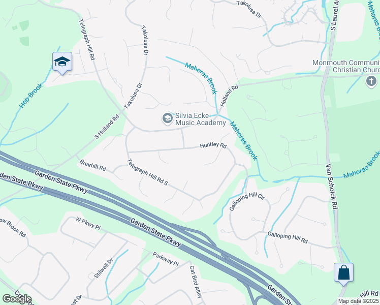 map of restaurants, bars, coffee shops, grocery stores, and more near 16 Huntley Road in Holmdel