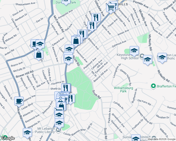 map of restaurants, bars, coffee shops, grocery stores, and more near 3322 Latonia Avenue in Pittsburgh