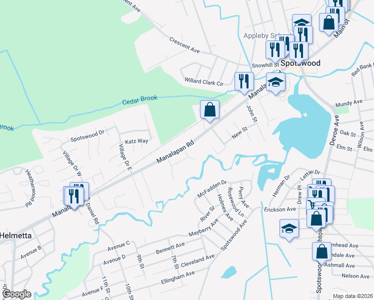 map of restaurants, bars, coffee shops, grocery stores, and more near 5 Bruning Lane in Spotswood